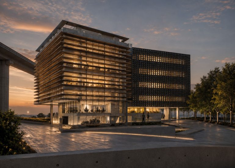 Teskomb Headquarters dusk render showing illuminated glazed facade, gridded wing, and central entrance