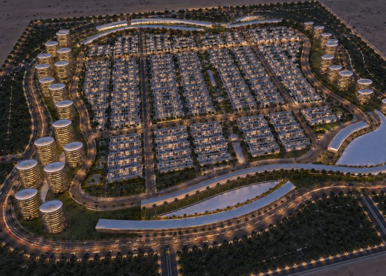 Manama Urban Planning aerial render showing dense low-rise blocks encircled by curved roads and towers