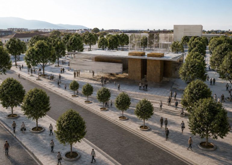 Bursa City Square and Cultural Centre elevated render across tree-lined plaza toward projecting brown entrance blocks