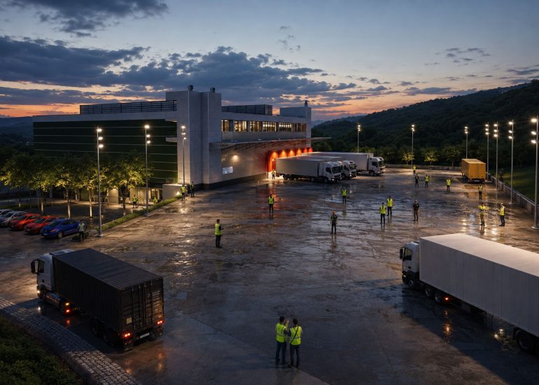 Bursa Seafood Cold Storage elevated dusk render overlooking wet loading yard with trucks and workers