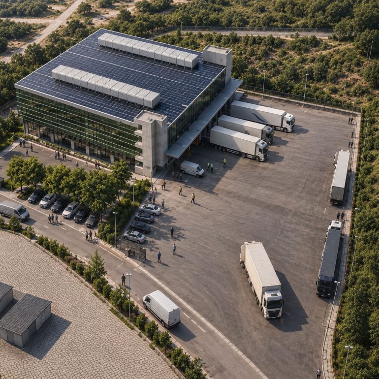 Bursa Seafood Cold Storage elevated dusk render overlooking wet loading yard with trucks and workers