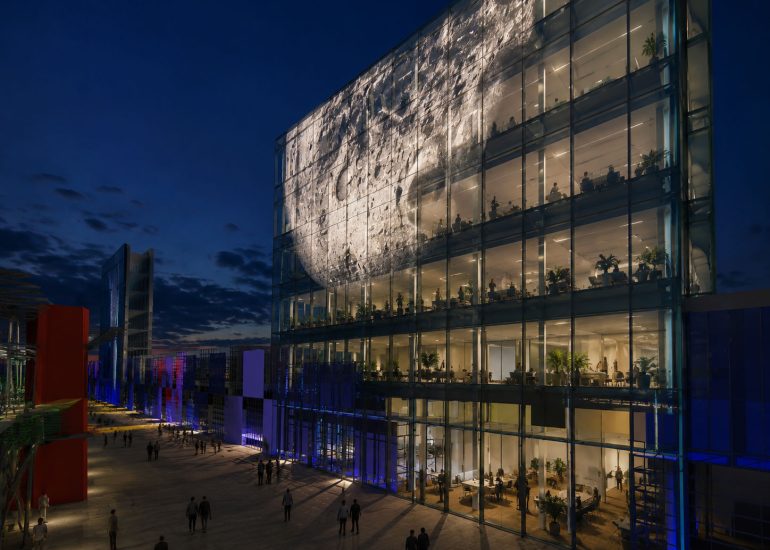 Sarajevo Marijin Dvor Urban Planning nighttime render with lunar image spanning an illuminated glass facade