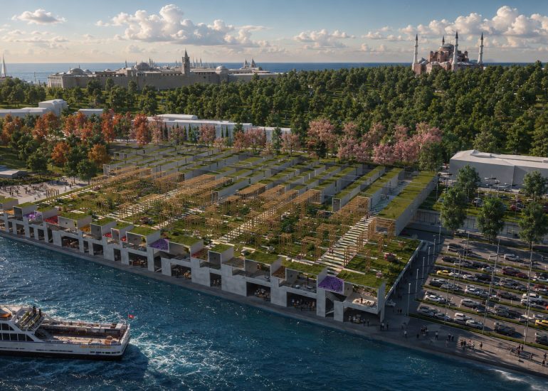 Sirkeci Waterfront Urban Design daytime oblique aerial render with garden grid, ferry, and mosque skyline