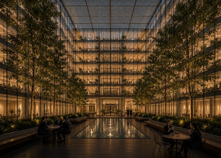 YTONG Headquarters render showing a glazed, tree-lined atrium with reflecting pool and occupied seating